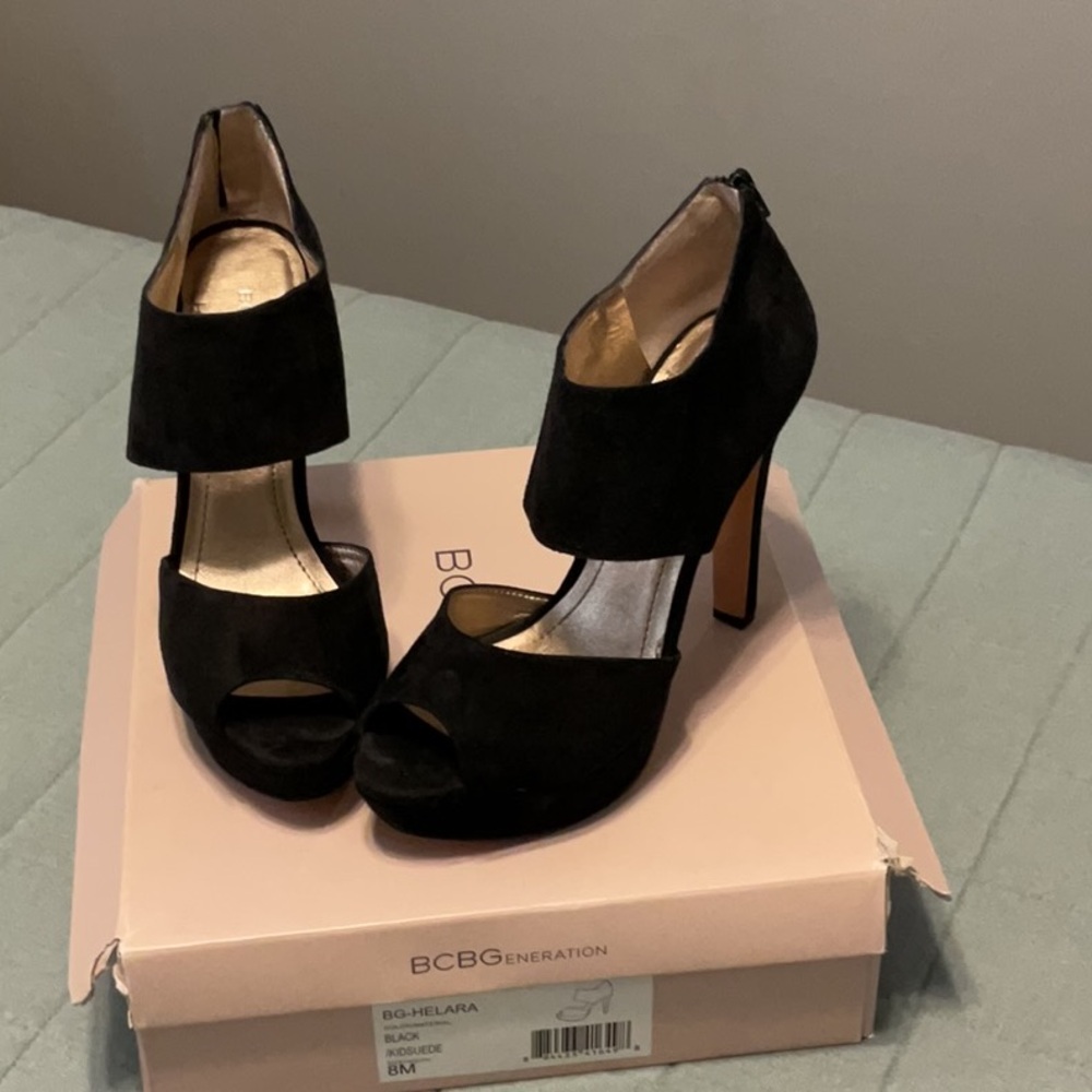 BCBGeneration Black Suede Peep Toe Heels
